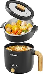 Audecook Electric Hot Pot and Steamer, 1.5 L Portable Mini Non-Stick Multicooker, Fast Ramen Cooker, Travel Electric Frying Pan with Dual Power Control for Steak/Noodle/Soup/Egg/Oats