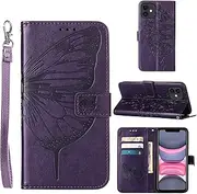 for iPhone 11 Phone Case Wallet, Butterfly Floral Embossed, Wrist Strap, Card Holder Slots, Stand Leather Protective Flip Cover for iPhone 11 (Purple)