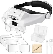 1X to 14X Headband Magnifier with LED Light, Handsfree Head Mount Magnifying Glass Visor Headset Loupe Tools for Professional Jewelry Close Work Sewing Crafts Reading Repair