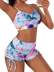 [Floerns] Women's Tie Dye Ruched Bikini Sets 2 Piece Bathing Suit High Waist Swimsuit with Shorts