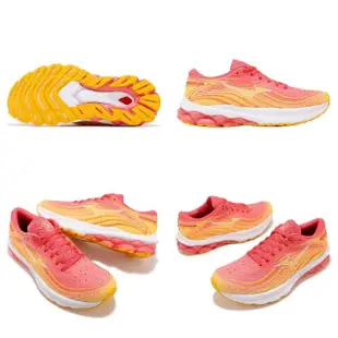 【MIZUNO 美津濃】慢跑鞋 Wave Skyrise 5 女鞋 粉 黃 回彈 厚底 路跑 運動鞋 美津濃(J1GD2409-22)