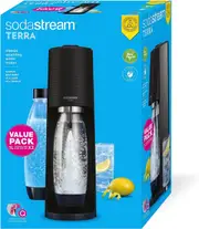 Sodastream Terra Value Pack Sparkling Water Maker with 2 x 1L Dishwasher Safe Cast Bottles and 1 x Quick Connect CO2 Cylinder - Matt Black