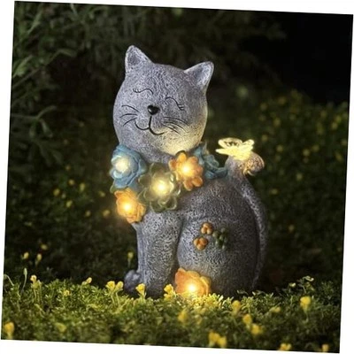 Cat Statue Resin Solar Outdoor Statues Decor, Cat Figurines with Succulent & 6