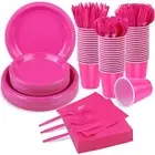 ADXCO 350 Pieces Hot Pink Party Supplies Disposable Tableware Set Including H...