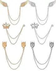 [Trnayi] 6 Pieces Tassel Chain Brooch Collar Pins Wedding Brooches Wings Wolf Head Crown Lapel Suit Shirt Tuxedo Accessories for Anniversary Halloween Birthday Party Office, Metal, alloy