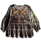 John Mark Mocha Coffee Embroidered Boho Brown Velvet Top Women's Medium NWT