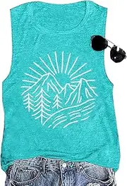 [Wiadex] Hiking Mountain Tank Tops for Women Funny Pine Tree Sunrise Graphic Workout Tanks Summer Sleeveless Loose Fit Shirts Tops