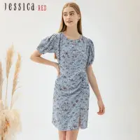 在飛比找momo購物網優惠-【Jessica Red】修身浪漫印花褶皺開叉短袖雪紡洋裝8