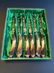 Anton Wingen Jr Steak Knife Set Etched blades Solingen Germany Stag Antler Horn