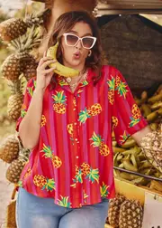 [Virtuelle] Taking Shape Natural Pineapple Stripe Shirt Size 16 in Print, Viscose - Plus Size Women's Tops & T Shirts Print