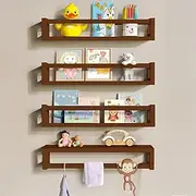 MIMIKAYE Floating Nursery Kids Book Shelves for Wall Set of 4, Wall Mounted Natural Solid Wood Furniture Bookcase Decor Storage Organizer Shelf for Bedroom Kitchen Bathroom and Living Room (4, Brown)