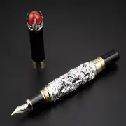 Jinhao Dragon Playing the Stone Fountain Pen Fine Nib Silver Red Ball on Cap