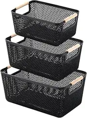 Ziliny Weysat 3 Pack Plastic Wire Basket with Wooden Handles - PP Material Storage Organizer Container Bins for Organizing Cabinet Pantry Bathroom Kitchen Fridge Fruit Makeup Snacks Gifts