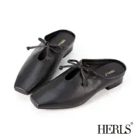 在飛比找momo購物網優惠-【HERLS】穆勒鞋-全真皮蝴蝶結鏤空方頭穆勒鞋拖鞋(黑色)