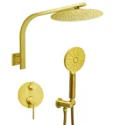 2in1 Set 8" Rainfall Shower Head Brass Gooseneck Arm + Hand Held Rose Brushed Gold