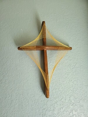Pine Handmade String Art Cross, semi-dark, gloss Finish, ~18" X 13" X 3"