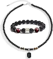 [XSDSLS] Set of 2 Natural Stone Beads Jewellery Set for Men, 6/10 mm Natural Stone Tiger's Eye Beads Bracelet Chain, Stretch Bead Bracelets, Adjustable Pearl Necklace with Pendant