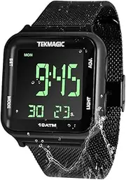 [ILAME] Stainless Steel Digital Wristwatch 10 ATM Water Resistant with Stopwatch, Alarm Clock, Dual Time, Timer, 12/24 Hour Format