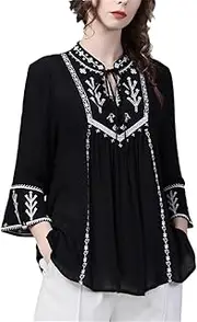 [Generic] Vintage Ethnic Style Women Embroidered Shirt Loose Plus Size Stand Collar Flared Sleeve 2025 Spring Summer Tops