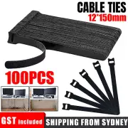 100X Cable Ties Reusable Cable Management Winder Hook and Loop Strap Cord Organi