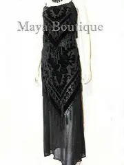 Black Dress Gown Fringe Flapper Style Beaded Burnout Silk Velvet Maya M