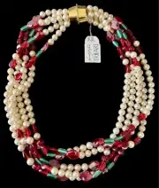 Vtg KJL For Trifari 5-strand Red Green Glass Faux Pearl Choker Necklace 17”, NWT