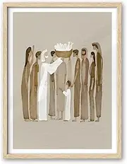 iHery Natural OAK Wood Jesus Feeds Framed Wall Art, 12x16 in 5 Bread and 2 Fish Christian Bible Canvas Art, Modern Sketch Scripture Bedroom Decor, Beige Boho Set of 1 For Living Room