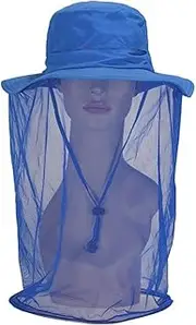 KiRYu Outdoor Anti-Mosquito Mask Hat with Head Net Mesh Face Protection Fishing Hat Bucket Cap UV Sun Protective Blue
