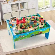 Costway84/80 Pieces Wooden Train Set &amp; Table with Reversible Tabletop-Blue