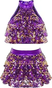 [winying] Girls Gold Dance Outfit Halter Neck Sequins Crop Top with Skirt Set Ballet Latin Jazz Performance Costumes