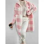 Women's Sherpa Jacket Teddy Coat Warm Pocket Fashion Casual Plaid Daily Wear Single Breasted Turndown Loose Fit Long Sleeve Outerwear Black Pink Blue Fall Wint