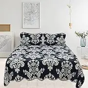 USTIDE Vintage Floral Quilted Bedspread 3 Pieces King Size Super Soft Cotton Bedding Set Black Throw Quilted Comforter Luxurious Bed Cover
