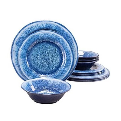 Melamine Dinnerware Set 12 Pcs Durable Dishware Plate Bowl Set Dishwasher Blue