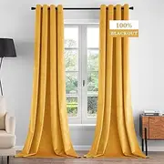 [ANRODUO] 100% Blackout Velvet Curtains 84 Inches Long Mustard Yellow Curtain Drapes Darkening Thermal Insulated Grommet Curtains Window Drapes for Bedroom Luxury Curtain Fall Decor W52 x L84 Set of 2