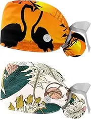 [WOSHJIUK] Working Hat 2 Pack Scrub Caps for Women,Tropical Flamingo Sunset,Tie Back Cap Adjustable Scrub Hat