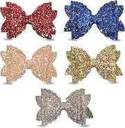 [BellaStella] Korean Stylish 3.5 Inch Glitter Bows Boutique Hair Clips Multi Color For Baby Girls Teens Toddlers (Pack of 5 Pcs) (Style-2)