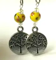 Celtic Tree of Life Murano Bead Earrings Yellow Red Silver Plated Vintage Beads