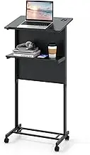 Giantex Rolling Podium Stand, 3-Position Height Adjustable Lectern Table with Tilted Tabletop, Mobile Laptop Cart, Storage Shelf, Lockable Casters, Ideal for Classroom, Office, Churches, Black
