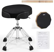 AKLOT Saddle Drum Throne, Hydraulic Drum Throne with Drum Stick Drum Pad, Heavy Duty Drum Seat, Height Adjustable Suede Drum Chair, Motorcycle Style Drum Stool for Adults Drummers Black
