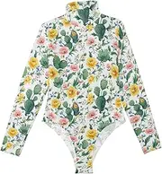 [voucong] Spring Flowers Cactus Bees White long sleeve Women Body Suits Shapewear Body Suit Going Out Tops for Women High-Neck Medium size, Spring Flowers Cactus Bees White