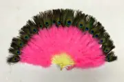 Shocking Pink MARABOU Feather Fan with Peacock 30" x 15" Burlesque/Costume