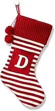 20 Inches Initial Monogram Embroidered Christmas Stocking Striped knitted Christmas Decorations Stocking Red,White, Green Letter Stockings for Family Holiday and Xmas Tree Fireplace Decor-50-D-Red
