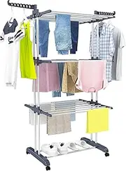 Koreal Clothes Drying Rack, 4-Tier 172cm Large Laundry Racks for Drying Clothes, Foldable Stainless Steel Movable Clothes Rack with 4 Castors, Collapsible Drying Racks for Laundry Indoor Outdoor