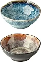 2Pcs 4 Inch Dipping Bowls, Soy Sauce Dish Ceramic, 5 OZ Small Serving Bowls for Side Dishes Vintage Stylish Design, Mini Appetizer Plates for Condiment Sushi Ketchup BBQ Party