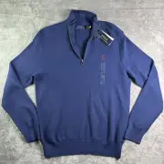 NWT Polo Ralph Lauren 1/4 Zip Pullover Sweater Blue Medium Cotton Red Pony