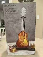 Whiskey Strum & Sip Decanter Glass Guitar Wooden Base Empty Container Sealed