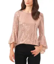 Vince Camuto Women Metallic Knit Flutter Sleeve Top Gold Size S