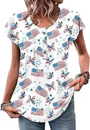 [Roshop] Women's Short Sleeve V Neck Triple Color Block Stripe T-Shirt Tops with Side Slit