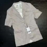 NWT Zara XS Blazer Jacket BEIGE LINEN Shirt-sleeve Collared Buttoned