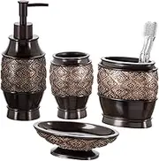 Creative Scents Dublin 4-Piece Bathroom Accessories Set, Includes Decorative Countertop Soap Dispenser, Dish, Tumbler, Toothbrush Holder, Resin Vanity Ensemble Set, Gift Boxed (Brown)